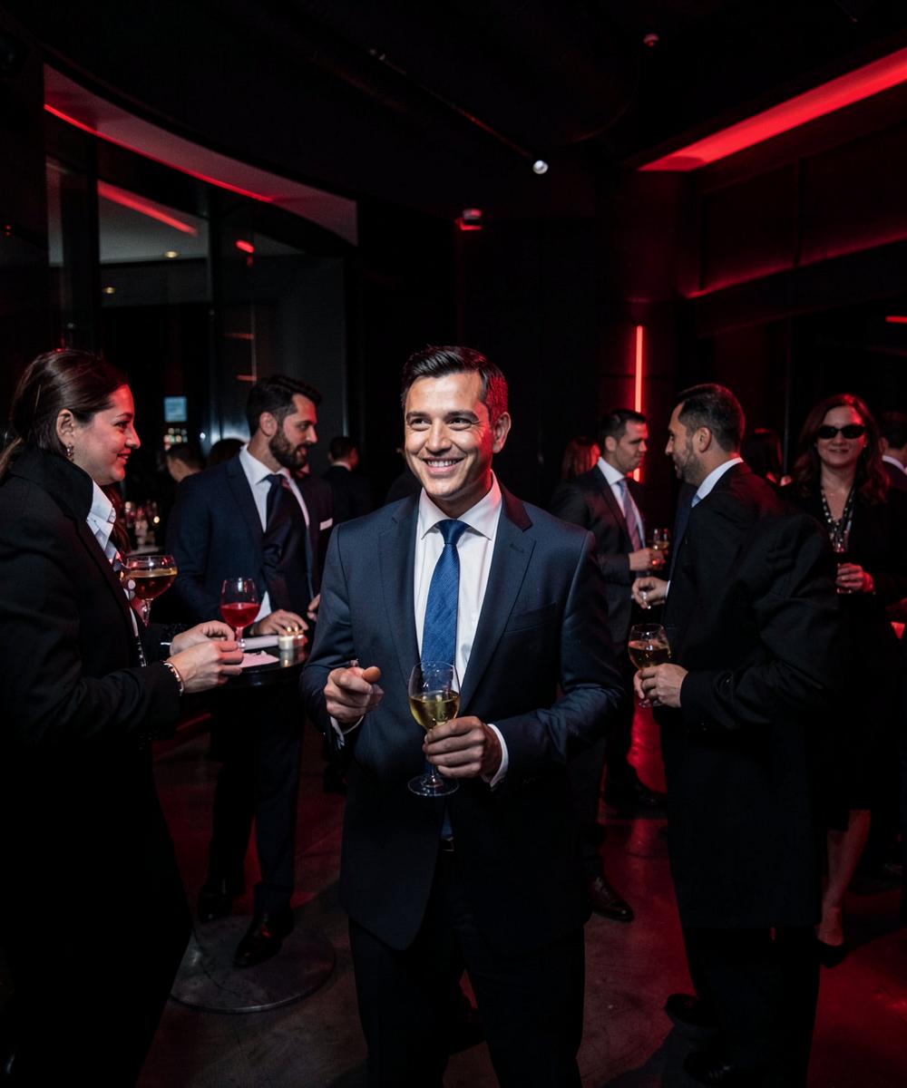 Profissionais em evento corporativo com drinks