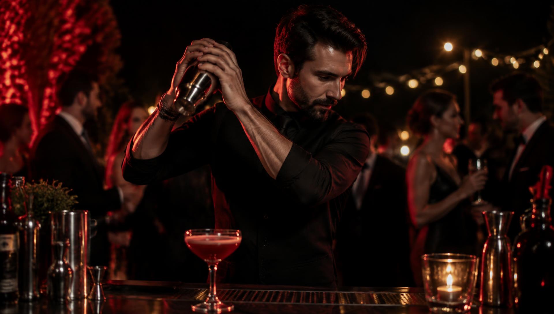 Bartender da Chili Drinks preparando drinks em um evento noturno